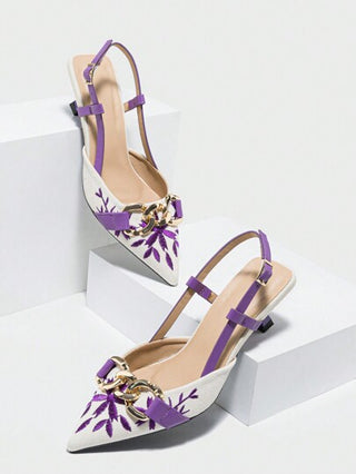 نساء متصل زهرة تطريز تصميم الأنف المدبب الكعب الصغير Slingback نعال، فستان أنيق مريح Slingback أحذية لحفلة أنيقة، رسمي، ملابس المكتب، مناسبة للربيع والصيف والخريف والشتاء، الكعب المنخفض باللون البنفسجي