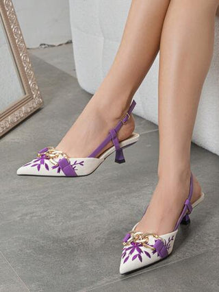 نساء متصل زهرة تطريز تصميم الأنف المدبب الكعب الصغير Slingback نعال، فستان أنيق مريح Slingback أحذية لحفلة أنيقة، رسمي، ملابس المكتب، مناسبة للربيع والصيف والخريف والشتاء، الكعب المنخفض باللون البنفسجي