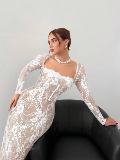 Aloruh فستان نسائي لموسم الخريف/الشتاء بتصميم مثير على شكل S من الدانتيل، بأكمام طويلة وقِطَع صدر، مطابق بإحكام ليصل إلى الأرض، لحفلات المناسبات المسائية، الخروجات، والمواعيد