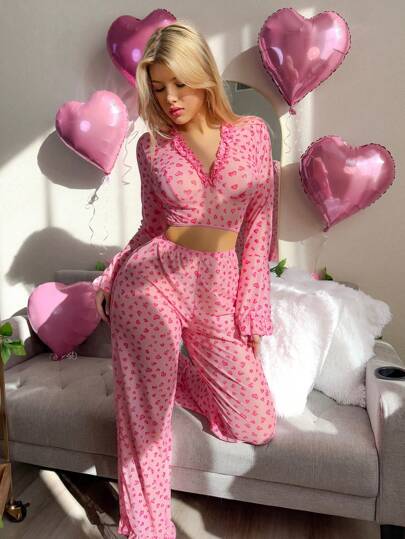 PetitDoll مجموعة قطعتين من الملابس الداخلية النسائية بتصميم رقبة على شكل V عميق مزينة بالدانتيل والشبك لعيد الحب