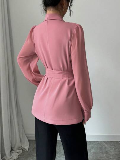 Modelyn بليزر كاجوال طويل الأكمام أحادي اللون مزود بأزرار أمامية للنساء