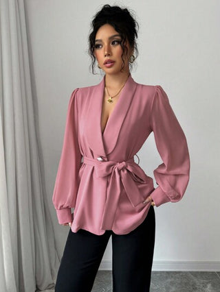 Modelyn بليزر كاجوال طويل الأكمام أحادي اللون مزود بأزرار أمامية للنساء