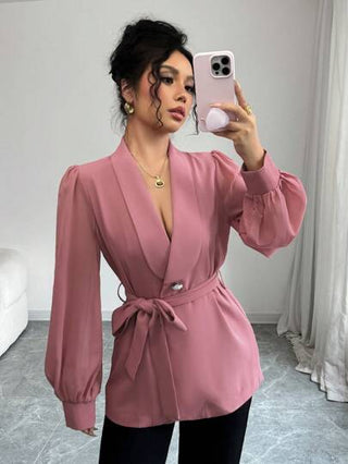 Modelyn بليزر كاجوال طويل الأكمام أحادي اللون مزود بأزرار أمامية للنساء