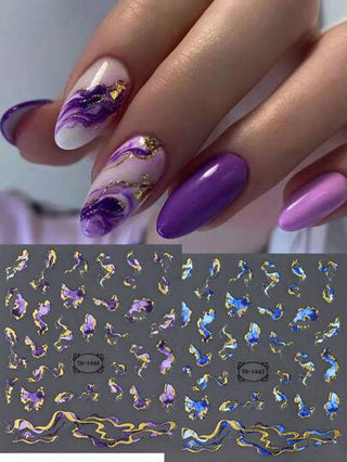 FULL BEAUTY ملصقات فنون الأظافر متعددة الخطوط بطباعة الرقائق الذهبية بتصميم الخطوط الموجية، رخام بألوان الأزرق والبنفسجي والبني والهندسة المجردة والزهور، ملصقات تزيين الأظافر ذاتية اللصق، تزيينات الأظافر و مستلزمات تزيين الأظافر