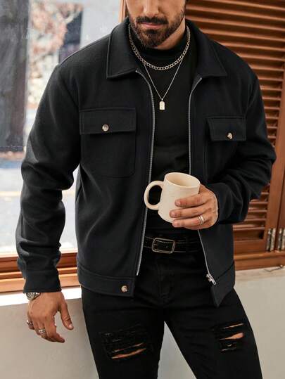 Manfinity Homme معطف رجالي كاجوال بتصميم قصير من لون واحد، أحمر للشتاء،ملابس رجالية للخريف، معطف رجالي بأكمام طويلة مبطن