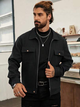 Manfinity Homme معطف رجالي كاجوال بتصميم قصير من لون واحد، أحمر للشتاء،ملابس رجالية للخريف، معطف رجالي بأكمام طويلة مبطن