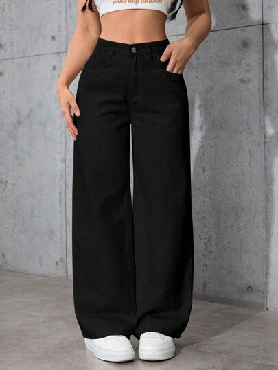 SHEIN PETITE بنطلون جينز أساسي بأزرار أمامية وجيب، لارتداء اليومي للنساء
