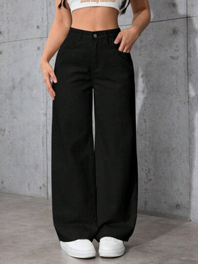 SHEIN PETITE بنطلون جينز أساسي بأزرار أمامية وجيب، لارتداء اليومي للنساء