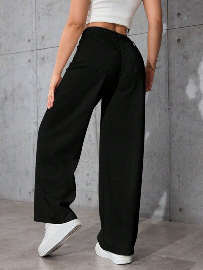 SHEIN PETITE بنطلون جينز أساسي بأزرار أمامية وجيب، لارتداء اليومي للنساء