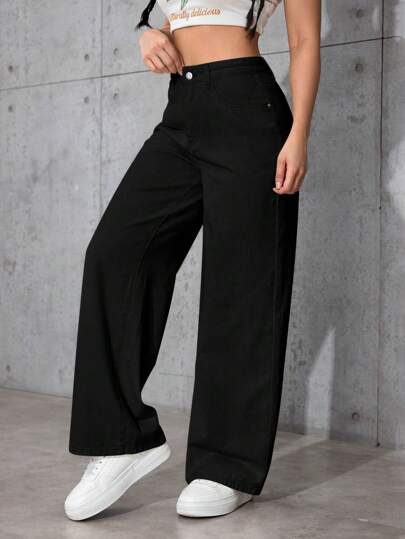 SHEIN PETITE بنطلون جينز أساسي بأزرار أمامية وجيب، لارتداء اليومي للنساء