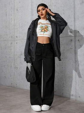 SHEIN PETITE بنطلون جينز أساسي بأزرار أمامية وجيب، لارتداء اليومي للنساء