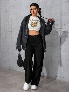 SHEIN PETITE بنطلون جينز أساسي بأزرار أمامية وجيب، لارتداء اليومي للنساء