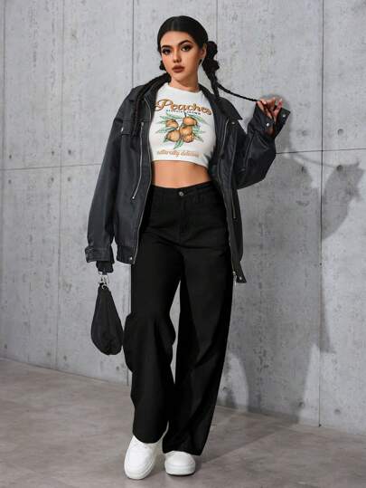 SHEIN PETITE بنطلون جينز أساسي بأزرار أمامية وجيب، لارتداء اليومي للنساء
