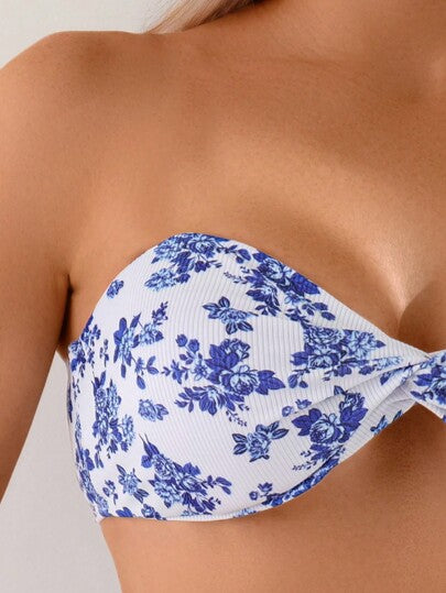Swim مجموعة بيكيني نسائية مكونة من 2 قطعة مطبوع عليها طباعة صيفية عشوائية، بحزام خصر قابل للإزالة، لطراز بوهيمي للعطلة الصيفية