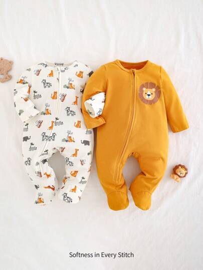 Cozy Pixies طقم قطعتين لحديثي الولادة من الأولاد، بنطلون وبذلة مع رسمة أسد كرتوني محبوكة، بياقة مستديرة وأكمام طويلة، قطن ناعم
