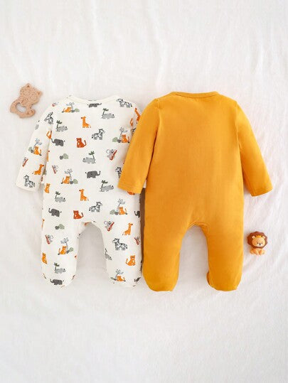 Cozy Pixies طقم قطعتين لحديثي الولادة من الأولاد، بنطلون وبذلة مع رسمة أسد كرتوني محبوكة، بياقة مستديرة وأكمام طويلة، قطن ناعم