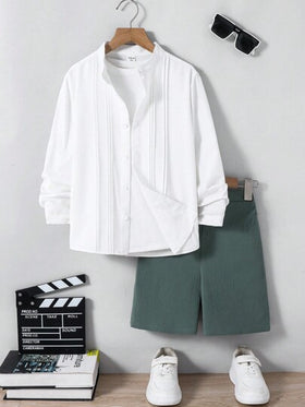 SHEIN Leap Crew 2 قطعة أطفال / أولاد مراهقين، بنطلون قصير صلب اللون وقميص أكمام طويلة سترة كاجوال ذو ياقة كلاسيكية، بزر في الأسفل وفضفاض، طقم زي رجالي
