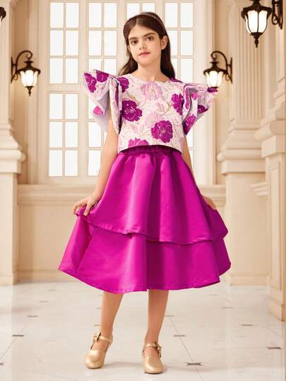 girls-sets طقم بناتي دون مرحلة المراهقة، ملابس علوية أنيقة معدنية مطرزة بطبعة شرشف للبنات دون مرحلة المراهقة، تنبعث منها السحر والرفاهية مثل أميرة صغيرة