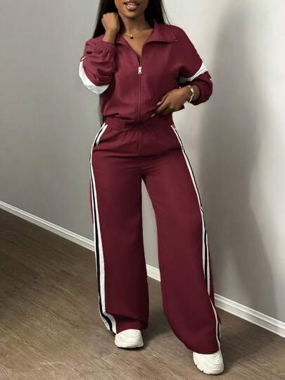Slaydiva معطف كاجوال طويل الأكمام بياقة عالية مزيّن بسحّاب، مع بنطال واسع مستقيم ذو قطعتين، باللون الأرجواني الفاتح مع أشرطة بيضاء وسوداء، مناسب للرياضة والشارع والحياة اليومية للنساء