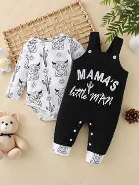 SHEIN Playful Pals مجموعة 2 قطعة لطفل ذكر: بوديسوت ذات أكمام طويلة + بناطيل بدلة مطبوعة بنمط أكس وكتابة (أم صبي صغير)، للارتداء اليومي العادي، مجموعة ملابس الأم والطفل الذكر من نيوتن