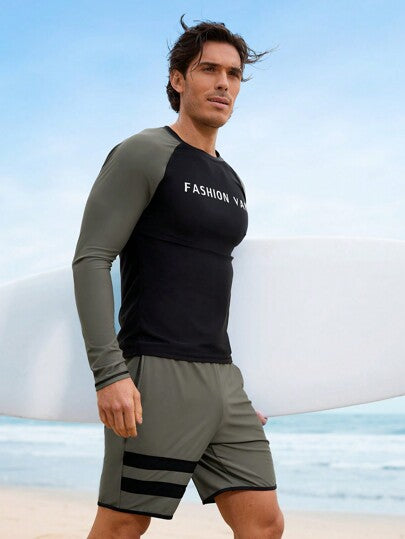 Surfspeed 2 قطعة طقم تي شيرت وسروال سباحة رجالي من قماش راجلان بطباعة حرفية وتباين اللون، نمط هاواي
