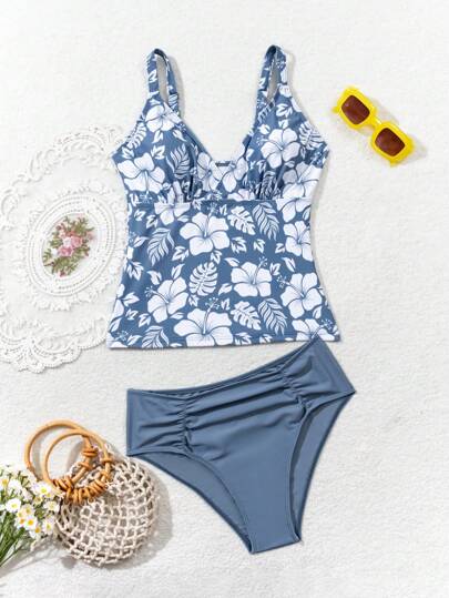 طقم تانكيني حريمي Swim Lushoire ملابس علوية نسائية مع طباعة الزهور بياقة على شكل حرف V مع حمالات رفيعة لعطلات الشاطئ لتناسق الشكل