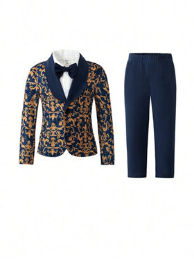 SHEIN بدلة رسمية للأطفال الصبيان: بليزر ذو طوق مزخرف بالزهور مقترن مع بنطلون أزرق داكن، مناسب للحفلات والأعراس وتناول الطعام خارج المنزل