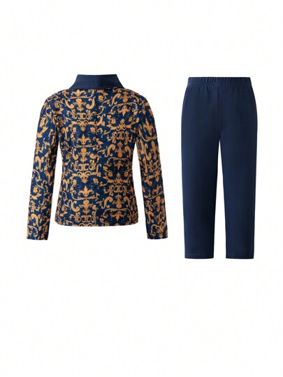 SHEIN بدلة رسمية للأطفال الصبيان: بليزر ذو طوق مزخرف بالزهور مقترن مع بنطلون أزرق داكن، مناسب للحفلات والأعراس وتناول الطعام خارج المنزل