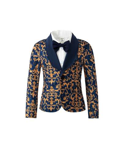 SHEIN بدلة رسمية للأطفال الصبيان: بليزر ذو طوق مزخرف بالزهور مقترن مع بنطلون أزرق داكن، مناسب للحفلات والأعراس وتناول الطعام خارج المنزل