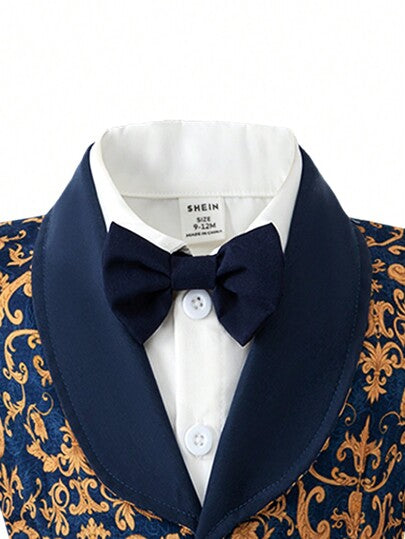 SHEIN بدلة رسمية للأطفال الصبيان: بليزر ذو طوق مزخرف بالزهور مقترن مع بنطلون أزرق داكن، مناسب للحفلات والأعراس وتناول الطعام خارج المنزل