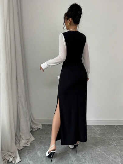 Tall فستان تشونغسام نحيف الأكمام الطويلة بتطريز زهري أبيض وأسود