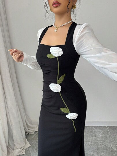 Tall فستان تشونغسام نحيف الأكمام الطويلة بتطريز زهري أبيض وأسود
