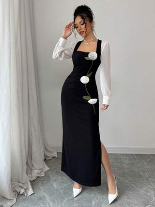Tall فستان تشونغسام نحيف الأكمام الطويلة بتطريز زهري أبيض وأسود