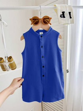 SHEIN رومبير قطعة واحدة لحديثي الولادة أولاد/بنات مزين بشخصيات الديناصورات الكرتونية الجميلة ذو ألوان متناسقة ، محبوك بنسيج مرن بلا أكمام، مناسب للصيف