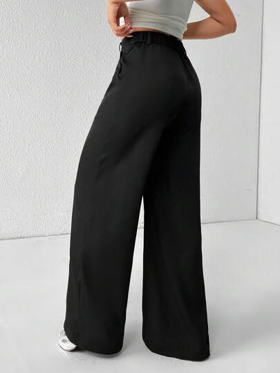PETITE بناطيل نسائية واسعة السيقان منسوجة باللون الأسود