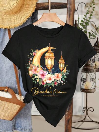 ملابس بناتي رمضان تي شيرت أساسي قصير الأكمام بنقشة القمر والنجوم والزهور المطبوعة، مناسب للبنات المراهقات لفصلي الربيع والصيف