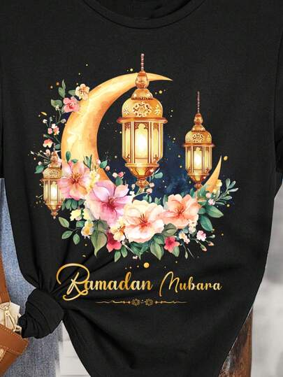 ملابس بناتي رمضان تي شيرت أساسي قصير الأكمام بنقشة القمر والنجوم والزهور المطبوعة، مناسب للبنات المراهقات لفصلي الربيع والصيف