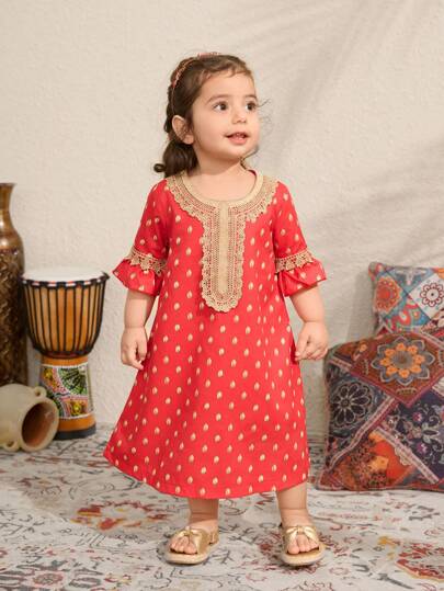 فساتين بيبي فستان كاجوال للأطفال البنات بتصميم جديد، بلون أحمر بنقاط