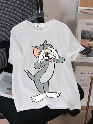 TOM & JERRY X SHEIN تي شيرت تي شيرت قصير الأكمام مطبوع بصور القطط مناسب للمراهقين في فصل الصيف ،مناسب عيد الحب