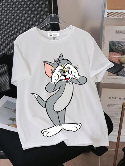 TOM & JERRY X SHEIN تي شيرت تي شيرت قصير الأكمام مطبوع بصور القطط مناسب للمراهقين في فصل الصيف ،مناسب عيد الحب