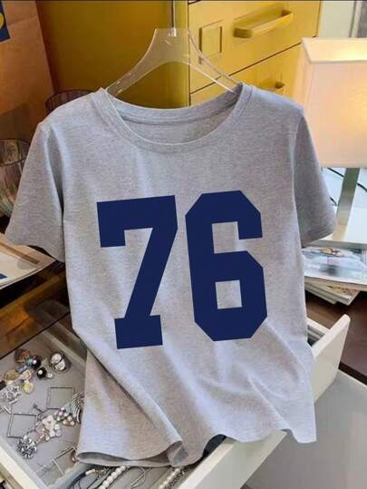 تي شيرت غرافيك للفتيات المراهقات مطبوع عليها الرقم "76"،قمصان نصف أكمام،ملابس علوية صيفي للفتيات المراهقات، بلوزة بياقة طاقم