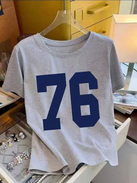 تي شيرت غرافيك للفتيات المراهقات مطبوع عليها الرقم "76"،قمصان نصف أكمام،ملابس علوية صيفي للفتيات المراهقات، بلوزة بياقة طاقم