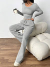 SHEIN EZwear 2 قطعة ألبسة للنساء تتكون من بلوزة بياقة مستديرة وأكمام طويلة وبنطلون مجموعة لون عادي