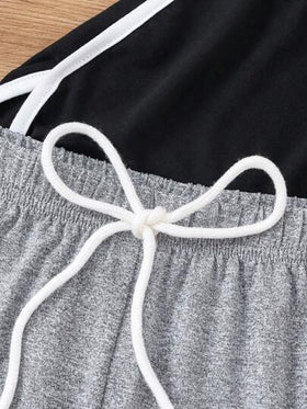 SHEIN مجموعة شورت نوم وملابس رياضية عفوية للنساء بربطة تباين 2 قطعة
