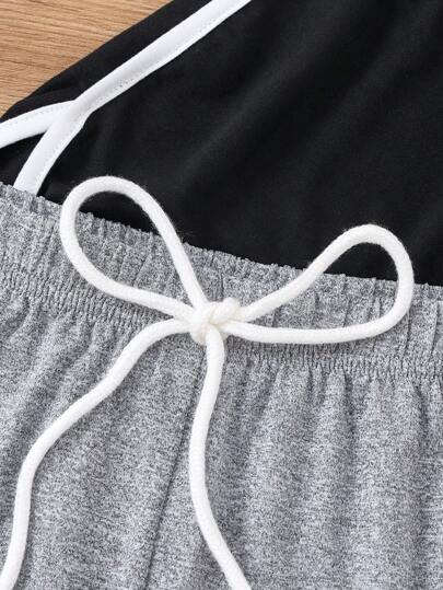 SHEIN مجموعة شورت نوم وملابس رياضية عفوية للنساء بربطة تباين 2 قطعة
