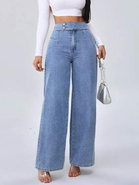 SHEIN Tall سراويل جينز نسائية طويلة طويلة بقصة واسعة فضفاضة ذات خصر مرتفع، بنمط أزرق مستقيم