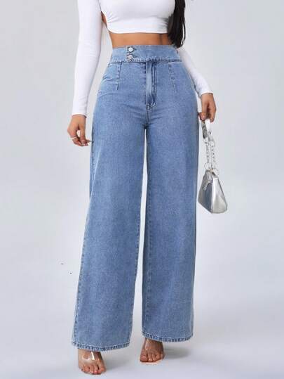 SHEIN Tall سراويل جينز نسائية طويلة طويلة بقصة واسعة فضفاضة ذات خصر مرتفع، بنمط أزرق مستقيم
