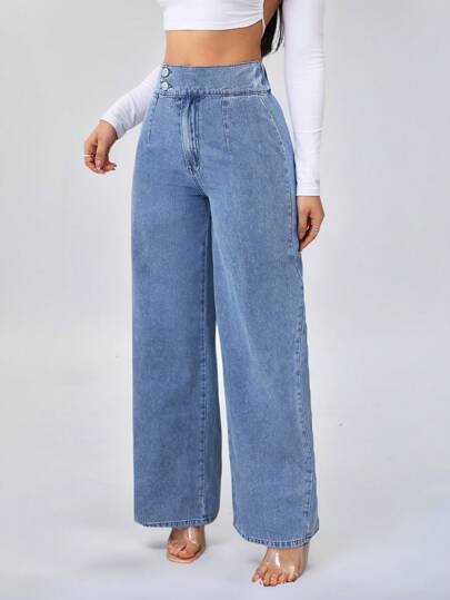 SHEIN Tall سراويل جينز نسائية طويلة طويلة بقصة واسعة فضفاضة ذات خصر مرتفع، بنمط أزرق مستقيم