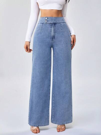 SHEIN Tall سراويل جينز نسائية طويلة طويلة بقصة واسعة فضفاضة ذات خصر مرتفع، بنمط أزرق مستقيم