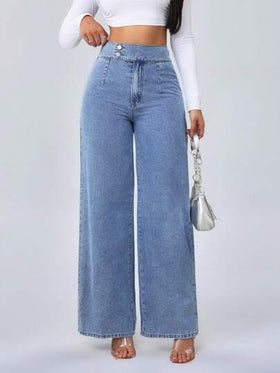 SHEIN Tall سراويل جينز نسائية طويلة طويلة بقصة واسعة فضفاضة ذات خصر مرتفع، بنمط أزرق مستقيم